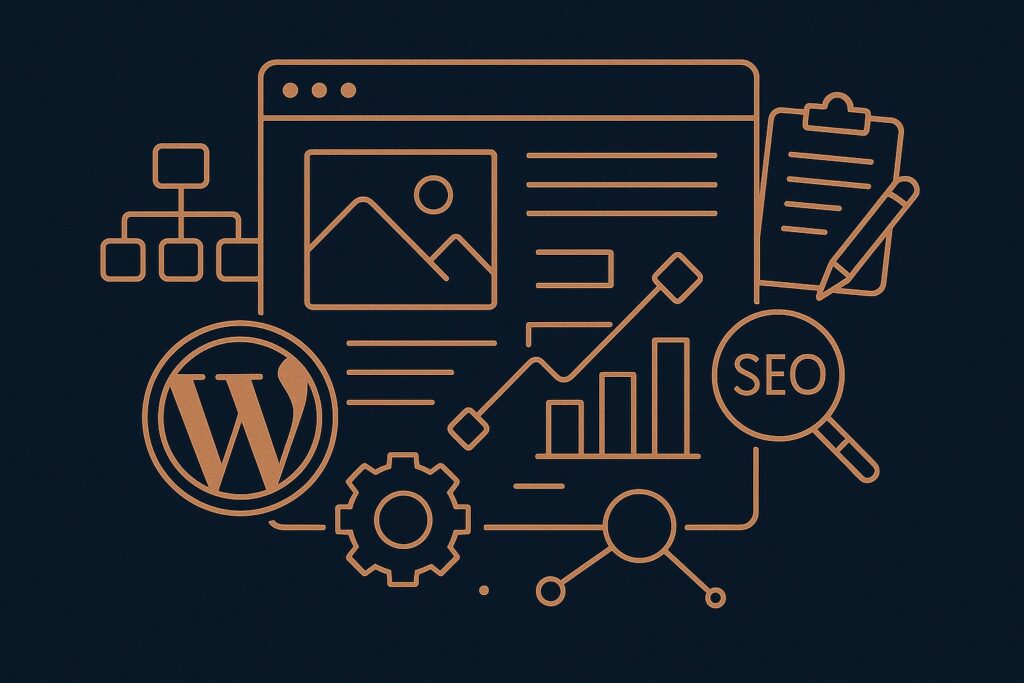 Illustration TRIJITAL en style cuivre représentant la création d’un site WordPress optimisé, avec arborescence, wireframes, outils SEO, contenus essentiels et configuration technique.