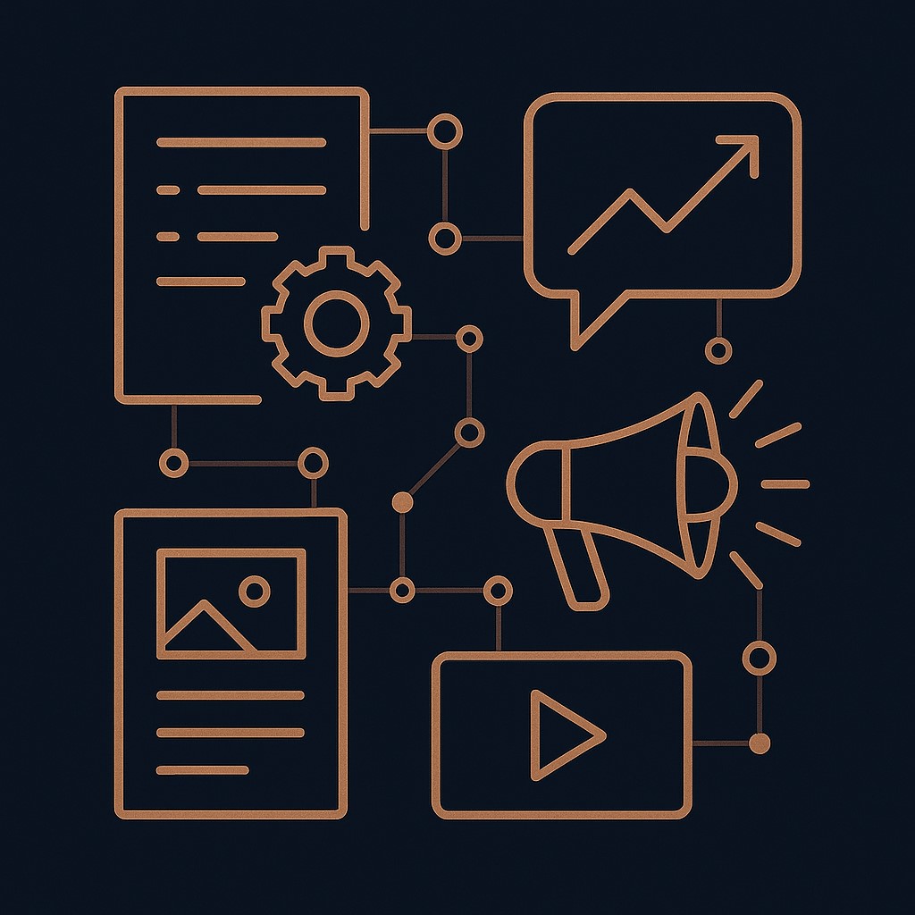 Illustration TRIJITAL en style cuivre représentant la production de contenus réguliers : articles de blog, posts LinkedIn, newsletters, guides et vidéos courtes pour améliorer la visibilité et le SEO.