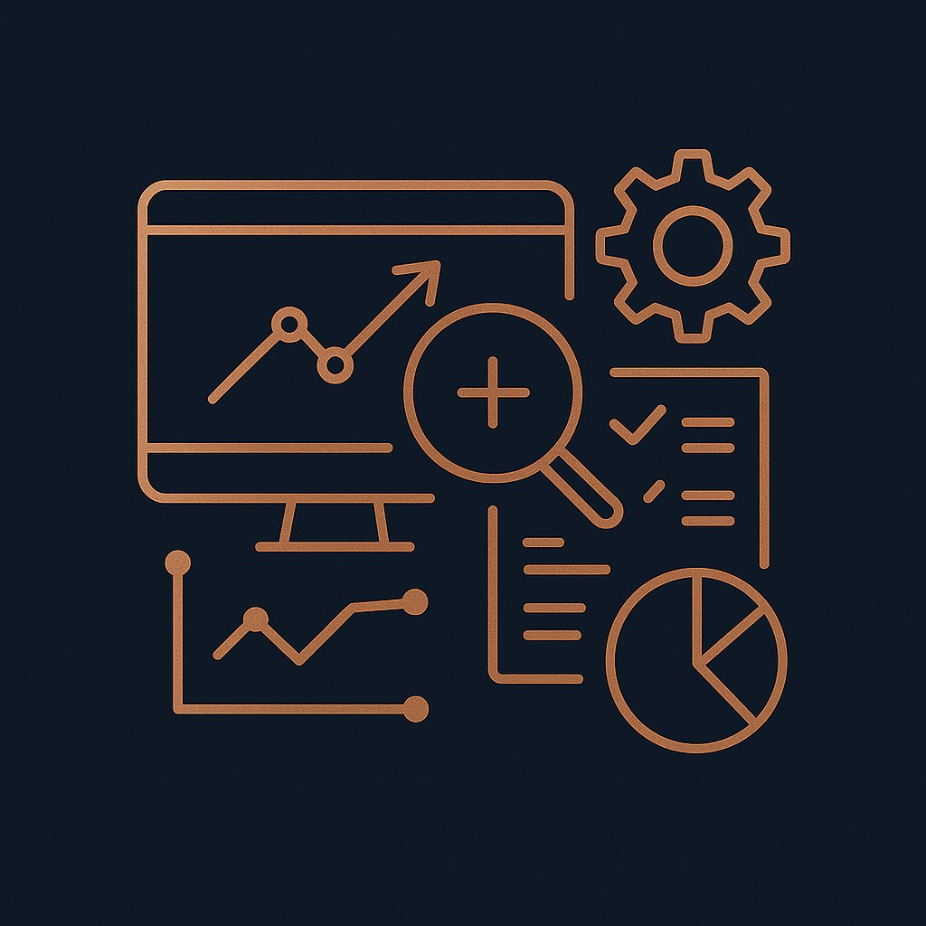 Illustration TRIJITAL en style cuivre représentant le pilotage SEO continu : analyse des mots-clés, suivi du trafic, optimisation technique, tableaux de bord et plan d’action mensuel.