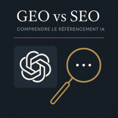 Illustration élégante comparant le GEO et le SEO dans le contexte du référencement à l’ère de l’IA.