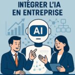 Quels sont les enjeux de l’intégration de l’IA en entreprise ? Illustration représentant l’intégration de l’intelligence artificielle en entreprise avec un robot et deux professionnels.