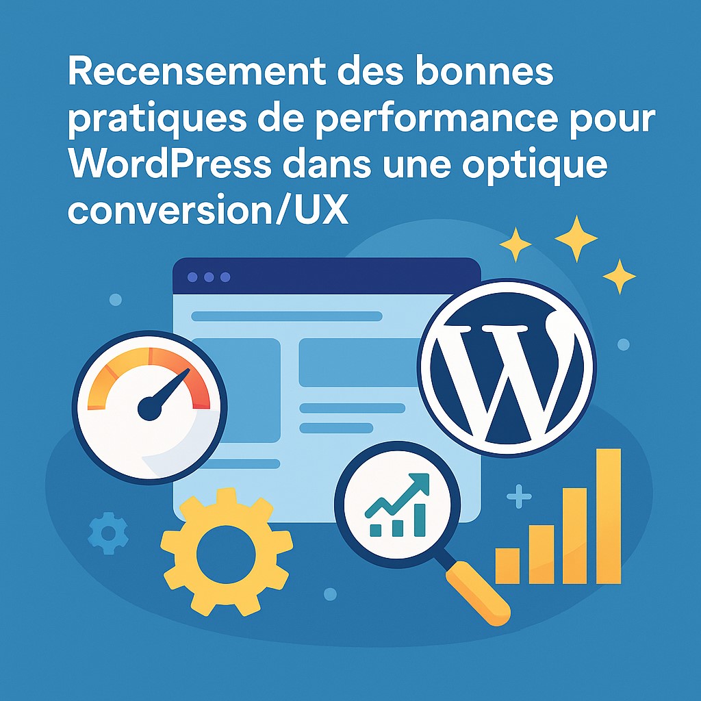 Illustration représentant l’optimisation des performances WordPress avec des icônes de rapidité, d’analyse et d’amélioration de l’expérience utilisateur.