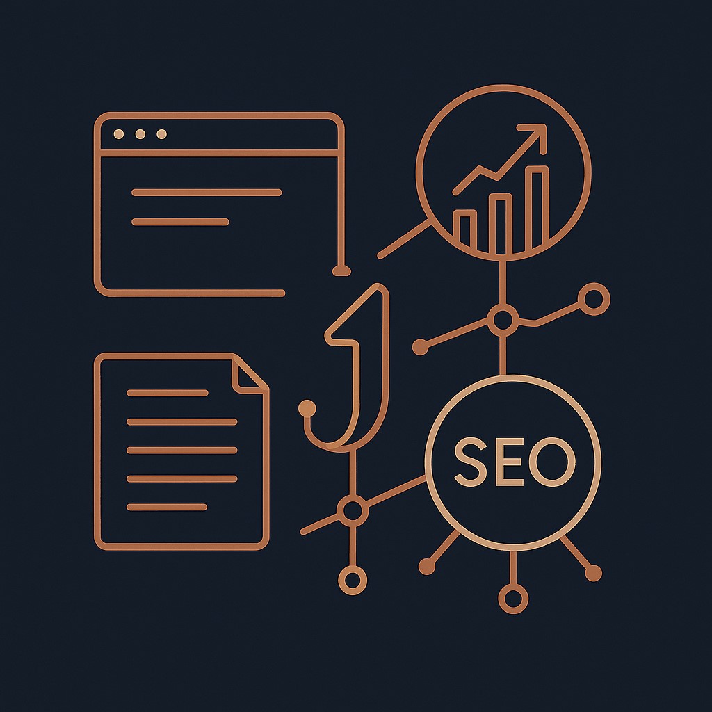 Illustration TRIJITAL en style cuivre sur fond bleu nuit montrant un réseau digital, des icônes SEO, un graphique de croissance et un document représentant la stratégie digitale pour PME.