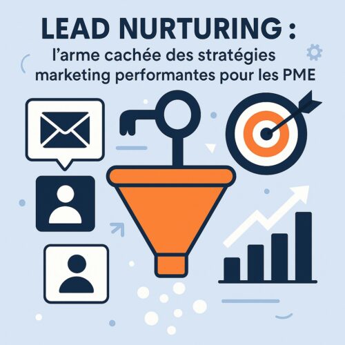 Illustration représentant le lead nurturing avec un entonnoir marketing, des icônes d’e-mails, de prospects, de cible et de croissance, destinée aux PME françaises.